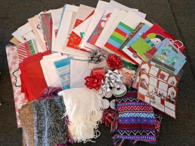 Large Holiday Gift Wrapping Supplies With 5 Winter Scarves, Bags, Tags, Bows & Tissue Paper