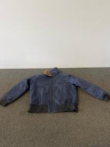 XXL Navy Blue Bomber Jacket with Faux Fur Collar and Red Quilted Lining