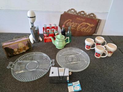 Vintage Hamilton Beach Mixer, Kenmore Sharpener, Coca-Cola/ McDonald's Mugs, Bottles & Sign Lot