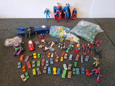 Large Lot of 80+ Mixed Action Figures & Die-Cast Cars: Superman, Spider-Man, Batman, Transformers and more.