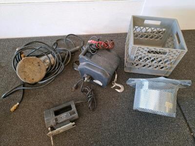 Power Tool Lot: Corded Sander, Jigsaw, chimney cover, Milk Crate, wench