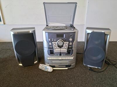 Stereo System with Turntable, Double Cassette, AM/FM, Remote, Dual Speakers, EQ & X-Bass