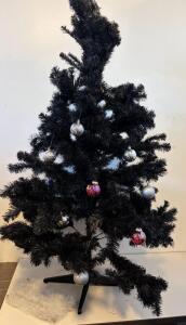 Black Artificial Christmas Tree 6 Ft With Stand, Silver & Red Ornaments, White Tinsel Garland