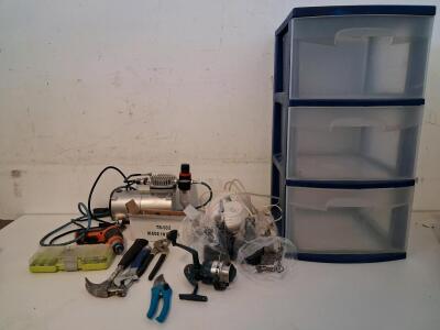 PointZero Airbrush Elite-125X Mini Air Compressor, 1/5 HP, 110-120V, 20-23 L/min, 55 dB, Tools, 2 Ryobi Batteries, Home Nebulizer Device, Airbrush Jar Attachments, 3 Drawer Organizer