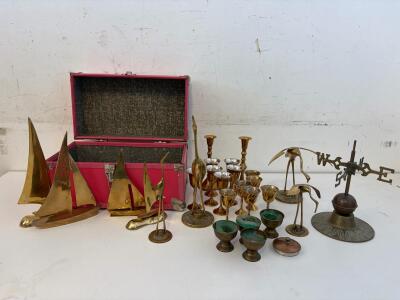 Vintage Brass Goblets, Candlesticks, Bird & Sailboat Figurines, Weather Vane, Pink Chest