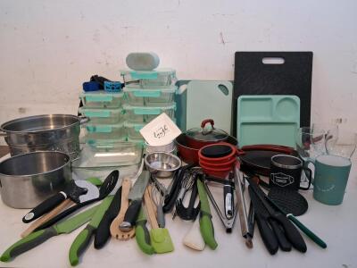 Large Assorted Kitchenware &ndash; Pots, Pans, Utensils, Glass Storage, Cutting Boards, Cups