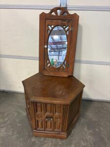 Vintage 1970s Hexagonal End Table Cabinet & Mirrored Medicine Display Cabinet, Medium Wood Finish