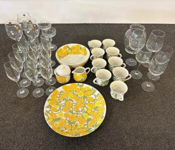 Vintage 1970s Floral Dinnerware & 29-Piece Stemware Set &ndash; Retro Yellow Poppy Pattern, 35 Pieces, Floral Dinnerware, Comes With 3x9 Plates Of 3 Different Sizes