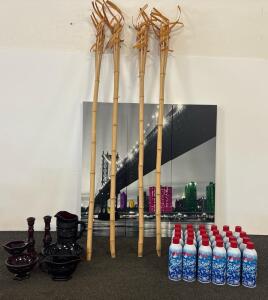 Indiana Glass Kings Crown Ruby Flash Set, 7 Pieces, Cityscape Art, Santa Snow, Bamboo Torches