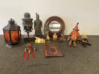 Buddha & Terracotta Warrior Figures, Carved Wood Monkey, Chinese Dragon Bell Wind Chime, Moroccan Lantern & More