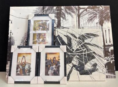 Mixed Wall Art Lot: 2 Canal Streetcar Cityscape Canvases, 1 Abstract Canvas, 2 Framed Football Photos (Located Specialty Shelf&rsquo;s)