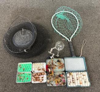 Eagle Claw Collapsible Fish Basket, Fly Fishing Net, 5 Fly Boxes with ~100 Flies, Magnifying Stand