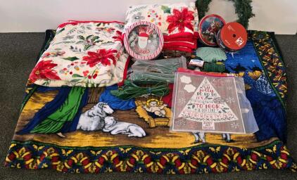 Assorted Christmas Holiday Decor & Accessories Lot &ndash; Blankets, Tins, Extension Cords, Wall Art