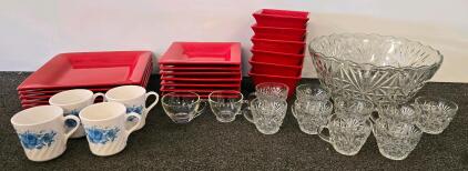 Square Red Dinnerware Set, Blue Floral Mugs, Pressed Glass Punch Bowl & Cup Set