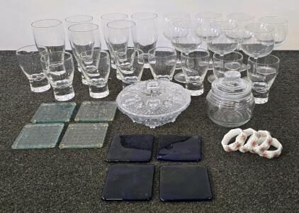 34-Piece Mixed Glassware Set: Tall & Short Tumblers, Wine Glasses, Coasters, Covered Bowl, Jar, Napkin Rings