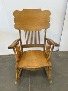 Vintage Oak Rocking Chair, Decorative Backrest, Turned Spindles, Approx. 42" Tall