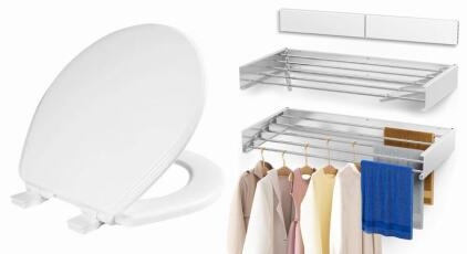 Foldable Wall Mount Drying Rack, (White) & Bemis Round Slow Closing Toilet Seat