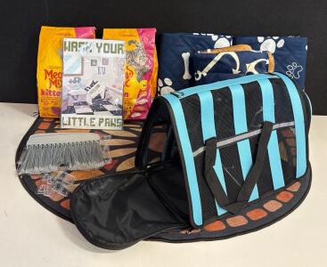 Kitten Lot! Soft-Sided Blue Pet Carrier with Mesh Panels, 2x Kitten Food, Pads, Accessories Bundle