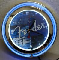 Fender Neon Wall Clock &ndash; Dual Blue & White Neon Rings, Chrome Frame
