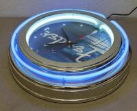 Fender Neon Wall Clock &ndash; Dual Blue & White Neon Rings, Chrome Frame - 2