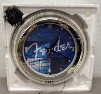 Fender Neon Wall Clock &ndash; Dual Blue & White Neon Rings, Chrome Frame - 3