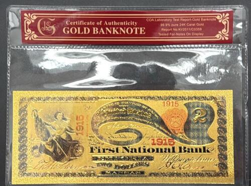 24K Gold-Plated 1915 $2 First National Bank Emporia Kansas Replica Banknote with COA