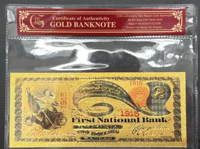 24K Gold-Plated 1915 $2 First National Bank Emporia Kansas Replica Banknote with COA