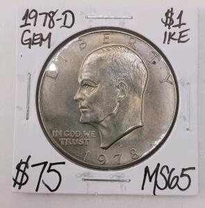1978-D Eisenhower Dollar $1, Denver Mint, MS65 GEM BU, Copper-Nickel Clad, Eagle Reverse