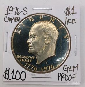 1976-S Eisenhower Silver Dollar Bicentennial Proof, San Francisco Mint Cameo GEM, $1 Coin