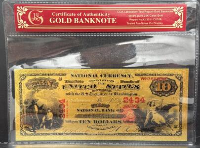 24K Gold-Plated $10 First National Bank Replica Note, COA, WR999999, Certificate Included