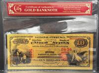 24K Gold-Plated $10 First National Bank Replica Note, COA, WR999999, Certificate Included