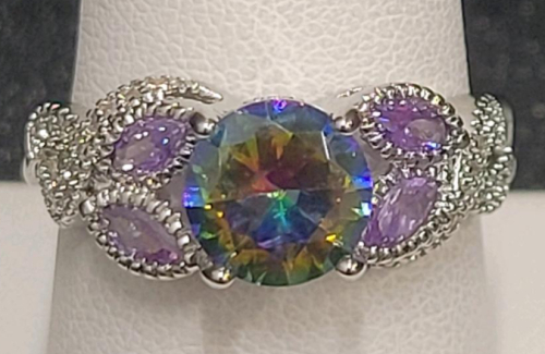 Mystic Rainbow Topaz Faceted Round Cut Gemstone Ring, Size 9