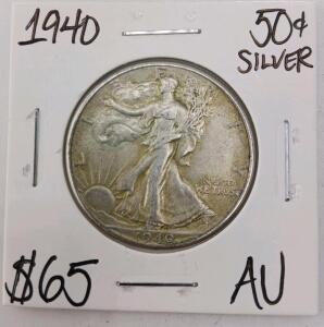 1940 Walking Liberty Half Dollar, AU Condition, 90% Silver, 12.50g, 30.63mm Diameter