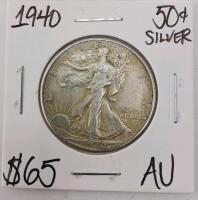 1940 Walking Liberty Half Dollar, AU Condition, 90% Silver, 12.50g, 30.63mm Diameter