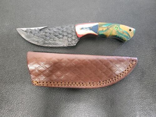 Handmade Custom Fixed Blade Hunting Knife, Gut Hook, Multicolor Resin Handle, Leather Sheath