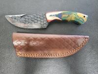 Handmade Custom Fixed Blade Hunting Knife, Gut Hook, Multicolor Resin Handle, Leather Sheath - 2
