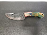 Handmade Custom Fixed Blade Hunting Knife, Gut Hook, Multicolor Resin Handle, Leather Sheath - 3