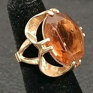 Vintage 10K Gold Cocktail Ring with Large Oval Orange Gemstone, Multi-Prong Open Setting