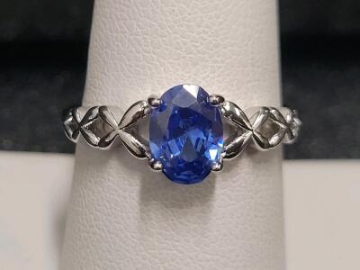Blue Sapphire Faceted Oval Cut Gemstone Ring, Size 8