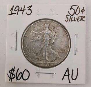 1943 Walking Liberty Half Dollar AU 90% Silver, 50c, About Uncirculated, Weinman Design