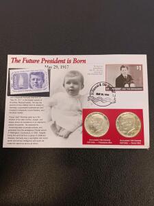 1964 Kennedy Half Dollar Set, Philadelphia & Denver Uncirculated, JFK Stamps & 1996 Panel