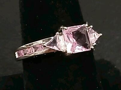 Costume Princess Cut Pink Gemstone Ring, Trillion Side Stones, White Metal, Channel Set Accents