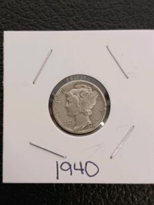 1940 Mercury Dime, 90% Silver, Philadelphia Mint, VF to XF Condition