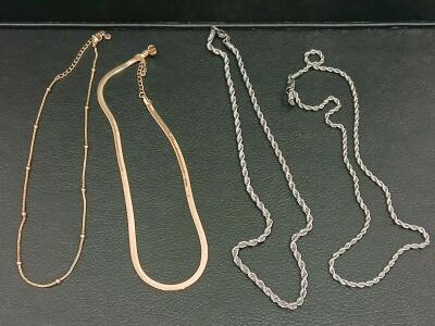 Set of 4 Necklace Chains: Gold-Tone Beaded, Gold-Tone Herringbone, Silver-Tone Rope Styles, 18"