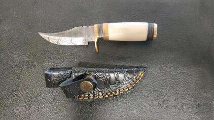 Custom Damascus Fixed-Blade Knife, 8" Overall, Bone Handle, Black Tooled Leather Sheath