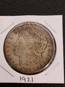 1921 Morgan Silver Dollar, Philadelphia Mint, 90% Silver, .859 Troy Oz, Circulated