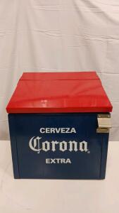 Vintage-Style Corona Extra Metal Cooler, 20qt, Hinged Split Lid, Bottle Opener, Blue & Red (Sp-14)