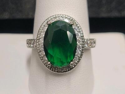 Emerald Oval Cut Faceted Ring, Size 10