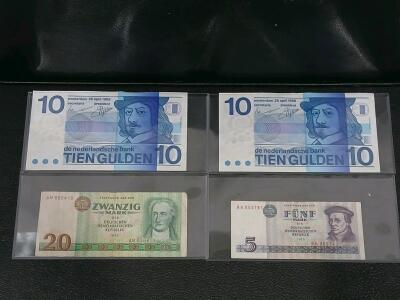 Dutch 10 Gulden 1968 Frans Hals, East German 20 & 5 Mark 1975 (Goethe, M&uuml;ntzer), Serial Numbers