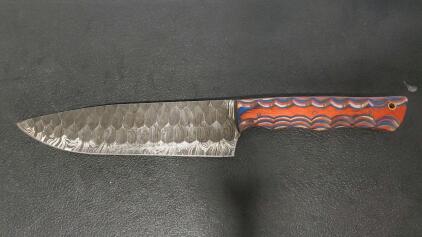 Custom Damascus Chef's Knife, 8 inch Blade, Hammered Finish, Multicolored Laminated Handle